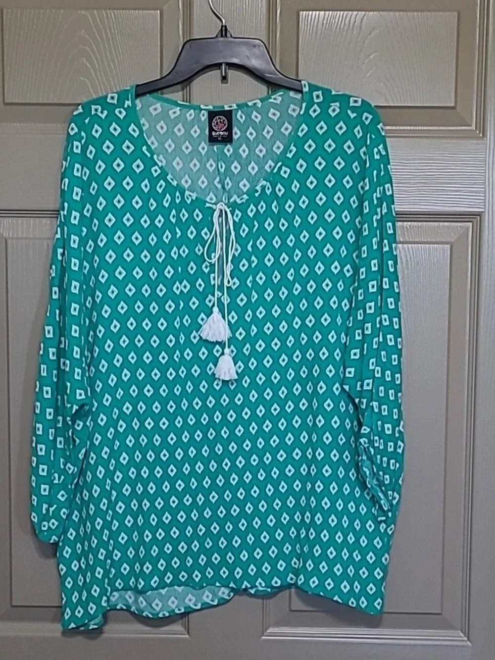 bobeau Teal and White Diamond-Print Tassel Tunic